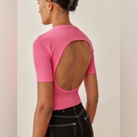 Reformation Top Gerard Back Cutout Stretchy Ribbed Fitted Tee Snapdragon XL NWT - Picture 4 of 5